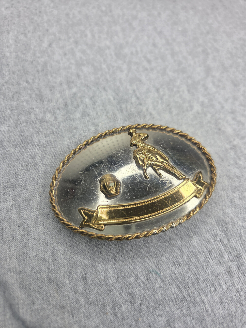 Vintage Nickel Silver Rodeo Bronc Rider Belt Buckle Oval Name Ribbon Trophy